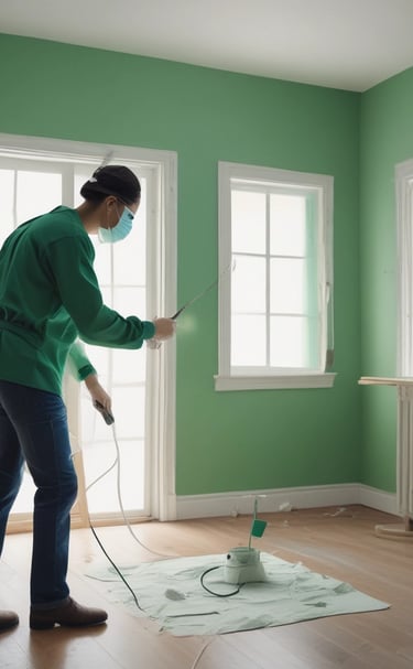 A professional painter applying a bright yellow paint on a wall.