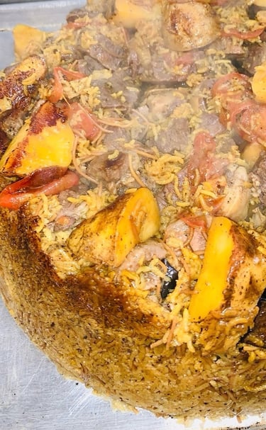 maqluba delicious seasoned rice with meat, potatoes, eggplant