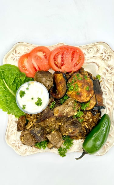 maqluba delicious seasoned rice with meat, potatoes, eggplant