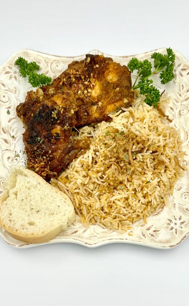 Slow roasted with chicken, rice and a slice of bread