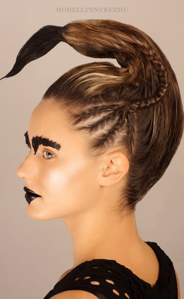 a beautiful woman with a black cat's eye makeup special scorpion hairstyle with black tail end