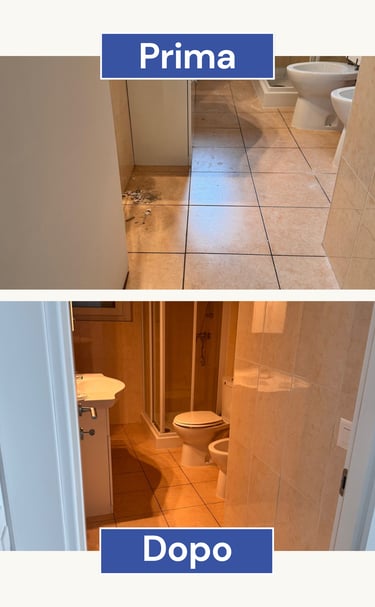 Bagno sporco prima e bagno pulito dopo intervento di pulizia professionale in Ticino, realizzato da Speed and Clean Sagl.