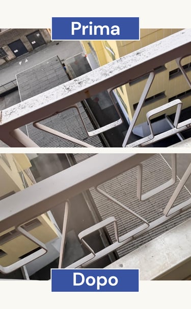 Pulizia approfondita di ringhiera metallica a Chiasso, confronto prima e dopo intervento Speed and Clean Sagl.