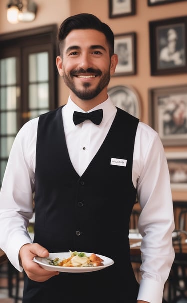 A person dressed in a white uniform and cap stands indoors, holding a towel over their arm. The background shows a dining area with wooden booths and a few people seated. The walls are decorated with framed photos and there is a mix of light and dark wood furnishings.