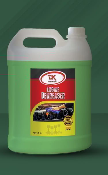 1. A gallon of DK Engine Degreaser in green packaging, set against a matching green background, ideal for engine cleaning. 2