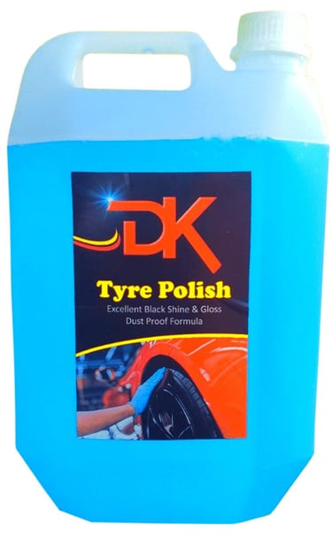 1. A 5-liter container of DK Tyre Polish, designed for enhancing and protecting vehicle tires. 2. DK Tyre Polish in a 5-lite