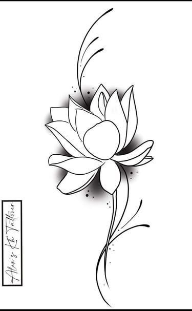 Illustration en noir et blanc d’une fleur de lotus stylisée, avec des courbes élégantes et raffinées