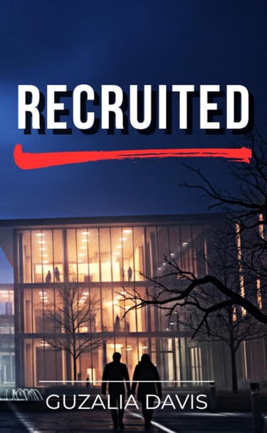 Book cover for Recruited by Guzalia Davis featuring two silhouettes walking toward a glowing modern building.