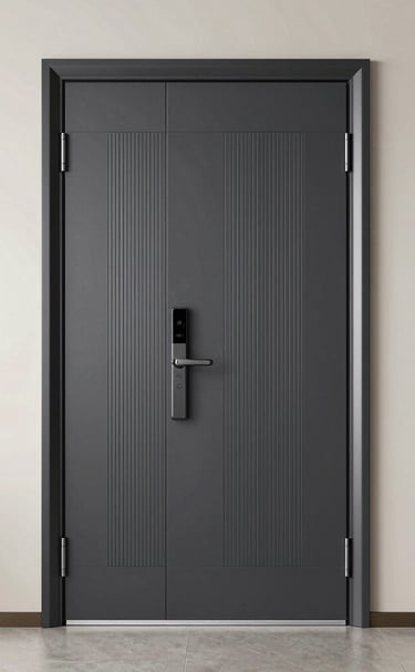 A set of security door handles and locks arranged neatly on a wooden workbench.