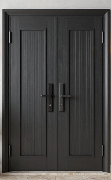 Detailed view of a reinforced door frame being adjusted by a skilled carpenter.