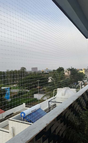 Daylight view of a terrace fully covered with durable pigeon nets ensuring safety.
