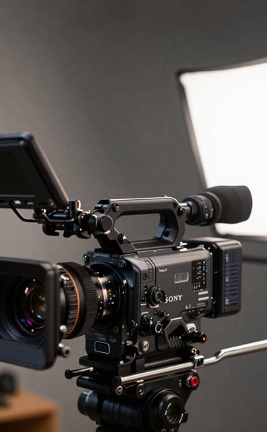 A person holds a professional video camera equipped with a large lens and a RØDE microphone. The person is wearing a black face mask and a dark shirt. The camera has a mounted external monitor. The background features blurred greenery and palm trees, suggesting an outdoor setting.