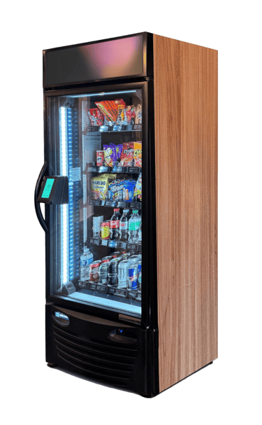 Snack vending machine stocked with chips and bottled drinks