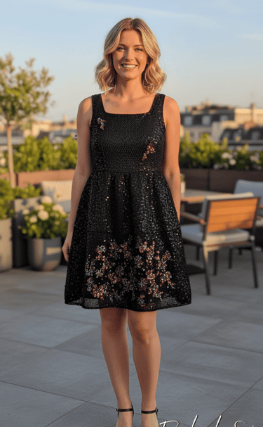 Superbe broderie perlées mauve sur robe cocktail noire - Une création Perles de soi par JC Gal