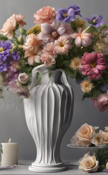 a group of flowers next to a body of water
