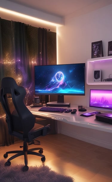 A row of high-end gaming computers on sleek desks, featuring RGB lighting and gaming accessories. The computers are housed in transparent cases with visible components, emitting a red glow. Comfortable gaming chairs with ergonomic design are positioned next to the desks, and the room's ceiling is modern with recessed lighting.