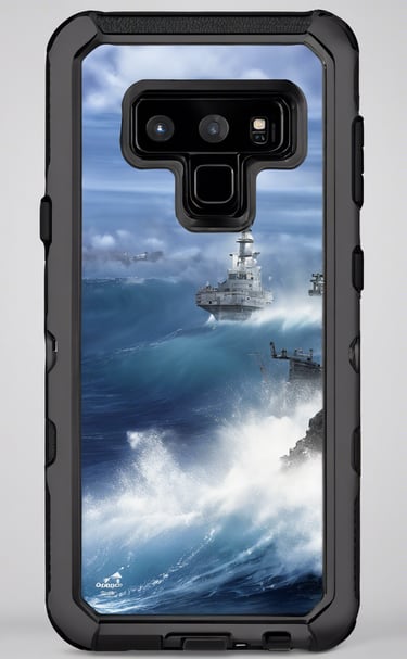 A close-up view of technology devices including a black tablet with a prominent logo, a white smartphone, a camera lens, and a stylus on a white surface.