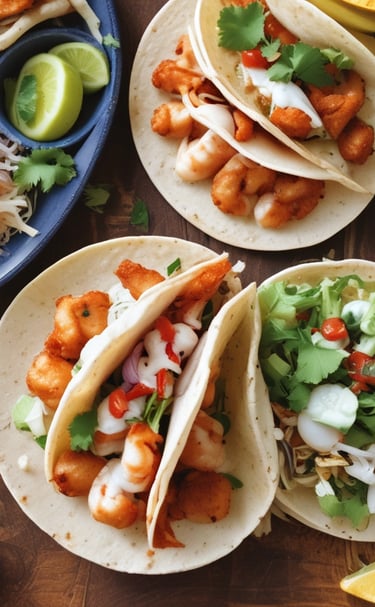 A close-up view of a taco filled with ingredients like lettuce, corn, shredded cheese, pickled onions, and a drizzle of white sauce on top. The taco shell is partially visible, with additional tacos blurred in the background.