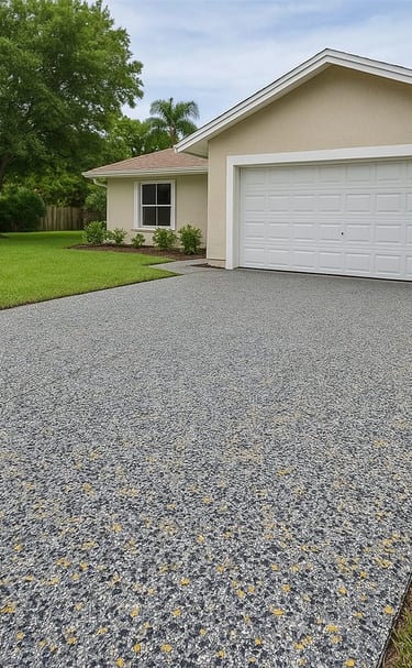 Durable, slip-resistant driveway with speckled polyaspartic epoxy coating in gray and yellow tones.