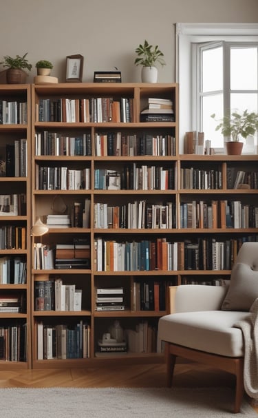 A well-organized room featuring a large white bookshelf filled with books of various sizes and colors. To the left, a white sofa is placed against the wall. A small black side table with red storage boxes sits beside the sofa. The floor is light-colored wood, and the room has a minimalistic and tidy appearance.