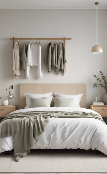 A metal grid wall organizer with shelves and baskets holds various objects. A hanging beige tote bag reads 'GRANIT'. A small potted plant is set on one of the shelves, and a wall-mounted reading lamp with a white shade illuminates the area. Printed materials lie on the bottom shelf with a green leafy plant next to them.