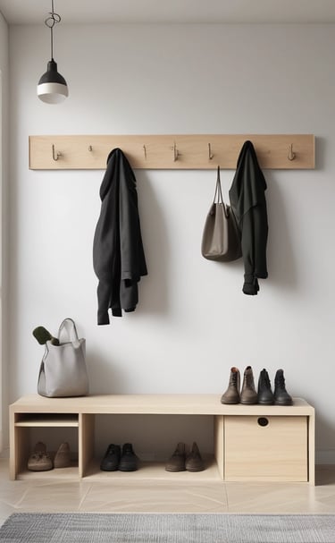 A neatly organized shelf displays a variety of wooden and woven kitchen and home decor items. The arrangement includes baskets, bowls, utensils, and decorative bags, surrounded by natural elements like leafy plants. The ambiance gives off a rustic and earthy feel.