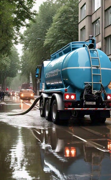 a tanker truck with a hose is parked on the street