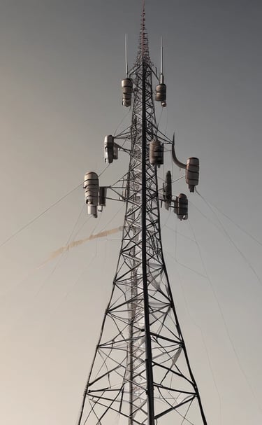 A large telecommunications tower is equipped with numerous antennas and satellite dishes. The structure is complex, with cables and metal components extending outward, set against a background of partly cloudy skies.