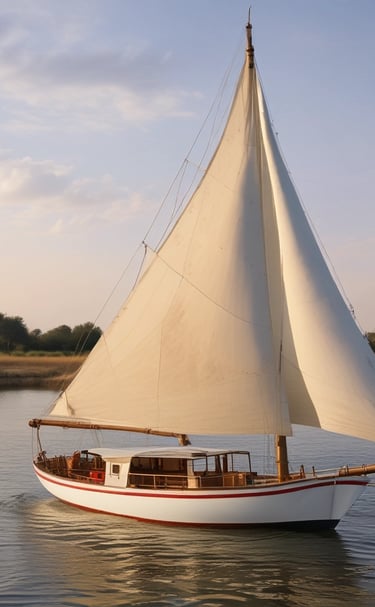 A sailboat glides across a sunlit ocean, casting a shimmering reflection on the water. A Greek flag flutters from a nearby vessel, suggesting a coastal location under a clear sky.