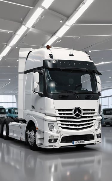 A luxury SUV car with a sleek, metallic silver finish is displayed on a platform in an indoor showroom. The car features distinctive, illuminated round headlights and a prominent grille. There are signs visible in the background, and other cars can be seen nearby.