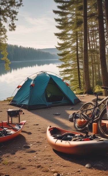 an array of outdoor sporting goods in acampground with a lake in the background