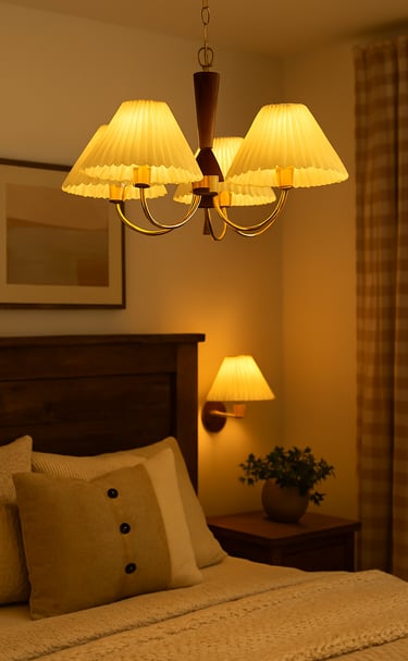 Lustre de teto com cinco cúpulas plissadas em tom creme, emitindo luz amarela suave, suspenso no cen