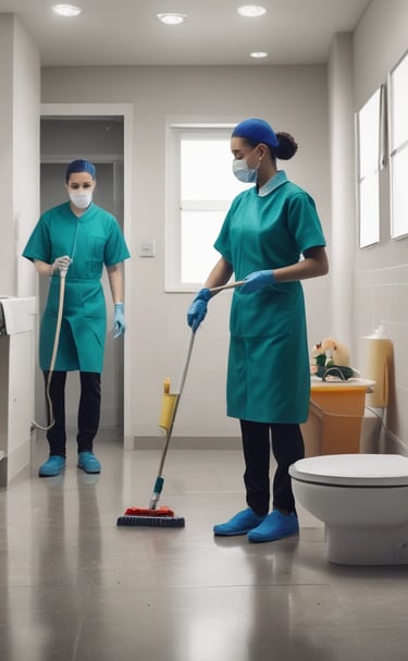 Three individuals engaged in cleaning large glass doors. One person is using a broom or mop to scrub the glass, another is spraying water, and the third person is wearing a hard hat and a safety vest. There are construction materials in the foreground.