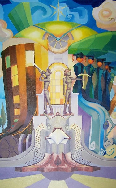 Acrylic painting in the style of constructivism depicting buildings from Barnsley in Yorkshire