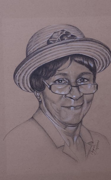 a drawing of a woman in a hat and glasses