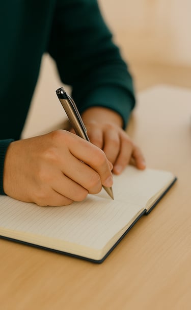 a person holding a pen and writing on a notebook