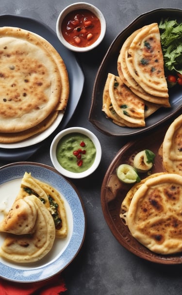A serving dish contains several yellow chapatis folded over slices of spicy sausage, topped with garnish such as carrots and an onion flower. A small bowl of green chutney is placed beside the dish.