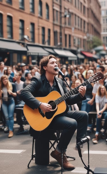 A singer with a vintage microphone captivating listeners under string lights at dusk.