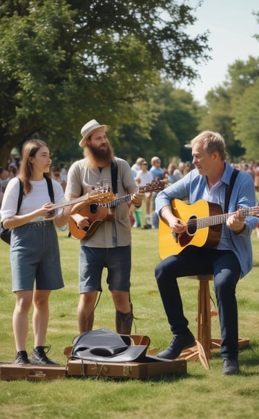 A harmonica player seated on a wooden crate, smiling as festival-goers pass by.
