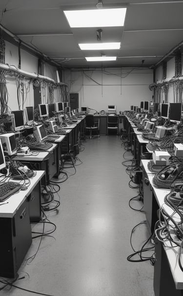 A computer monitor displays a webpage from HelpDesk Heroes, featuring a contact address and email. Social media icons including Facebook, LinkedIn, Twitter, Instagram, and Pinterest are visible. The screen also shows a Trustpilot rating. A stack of cookies is partially visible at the bottom of the image, and part of a keyboard can be seen in the foreground.