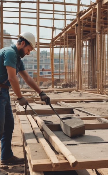 A construction site with workers engaged in building activity. Several large machines are visible, including cranes and excavators. The site appears expansive, with a partly constructed structure in the center. The ground is covered with sand and metal grates, and workers in safety vests are visible in the foreground. A green landscape with trees is visible in the background under a cloudy sky.