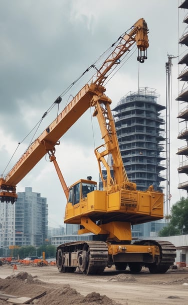 A construction scene by a railroad track with workers in orange uniforms operating machinery. A yellow crane is lifting steel beams beside a pair of tracks extending into the distance. Lush green trees line the side of the tracks, and a partially visible train moves on the right.