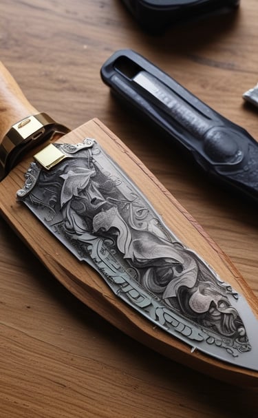 A display case containing an assortment of traditional knives and swords. The knives appear to be ornate with detailed handles and some with curved blades. The swords have intricate designs on their hilts and scabbards. The weapons are arranged neatly on a red velvet surface within the glass case.