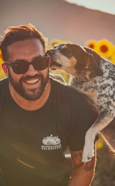 un cane meticcio con macchie nere bacia il padrone, un ragazzo con gli occhiali da sole