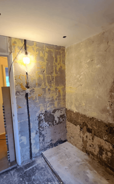 A partially renovated bathroom with stripped walls, exposed plaster, and visible electrical wiring. 