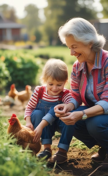 A person with long gray hair, wearing glasses and a dark apron, is crouching next to a small child dressed in a colorful outfit with rainbow-striped leggings. They are surrounded by several chickens in an outdoor setting, with a chicken coop and some metal containers in the background. There's a sense of warmth and care as the adult gently holds the child’s hand.