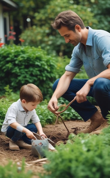 A young child with blond hair appears in the foreground, looking to the side with a thoughtful expression. In the background, a figure wearing a red shirt and sunglasses sits in a wheelchair, slightly out of focus. The setting includes a mix of natural and artificial lighting, with brick walls and some blurred objects, possibly creating a cozy atmosphere.