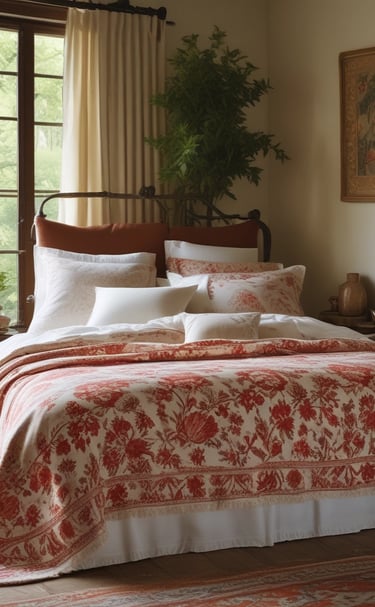 A cozy bedroom featuring soft, layered bedding in neutral tones.