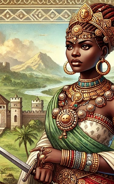 Njinga MBANDE - Beautiful black warrior queen in ceremonial dress and jewellery. Deified by the Mbun