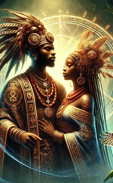 Osun and SANGO - Black God and Goddess in regal African garb beautiful, glowing and in love